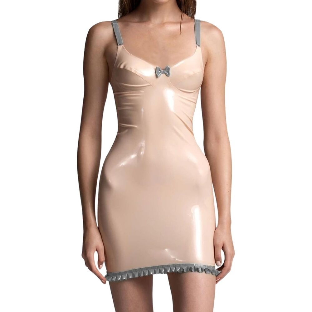 PODSI Sexy Latex Dress in Baby Pink and Silver with Bow Ruffles, Back Zipper, Adjustable Belts, XS