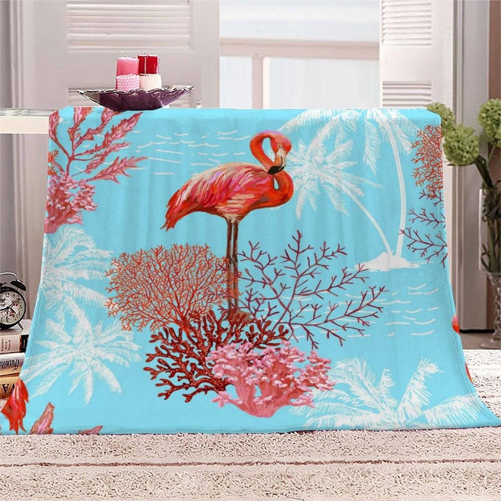 IHIPPO Cozy Blanket 150 x 200 cm, Palm Leaf and Flamingo Pattern, Flannel Throw Blanket