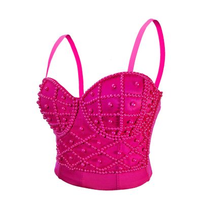 VEENDEO Women's Strappy Pearl Bustier Corset Crop Top Club Party Bra, Rose, Medium