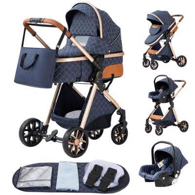 YAZOCO 3-in-1 Foldable Stroller with Diaper Bag, Cup Holder, Mosquito Net, Foot Cover and Seat Accessories (4 Blue)