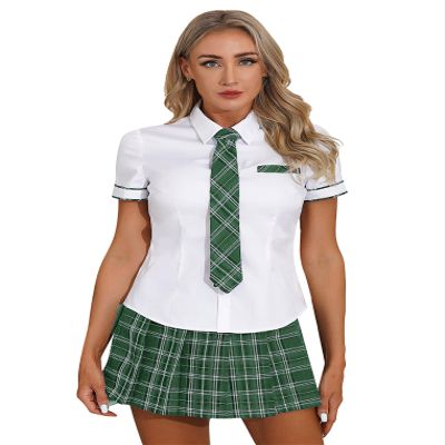 Freebily Women's Sexy Schoolgirl Costume Plaid Uniform with Tie Lingerie Set, Green, S