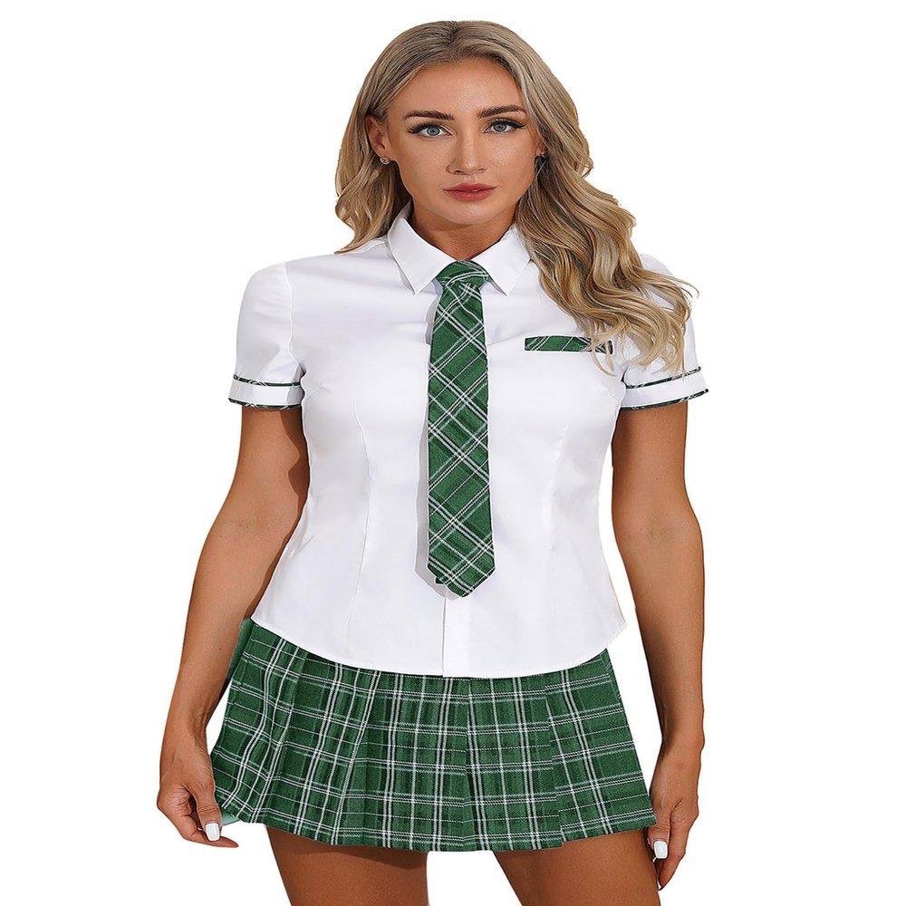 Freebily Women's Sexy Schoolgirl Costume Plaid Uniform with Tie Lingerie Set, Green, S