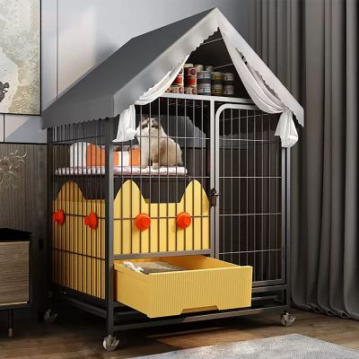 CENAP Indoor Cat Cage with Pull-Out Litter Box, Climbing Ladder, Top Storage and Wheels