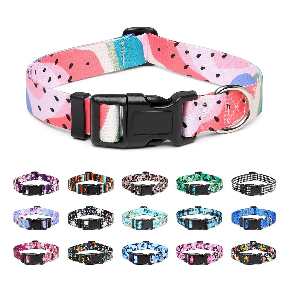 Mercano Adjustable Dog Collar, Soft Nylon Comfort & Durable Patterned Collar for Small Medium Large Dogs Puppies Cats (M, Watermelon)