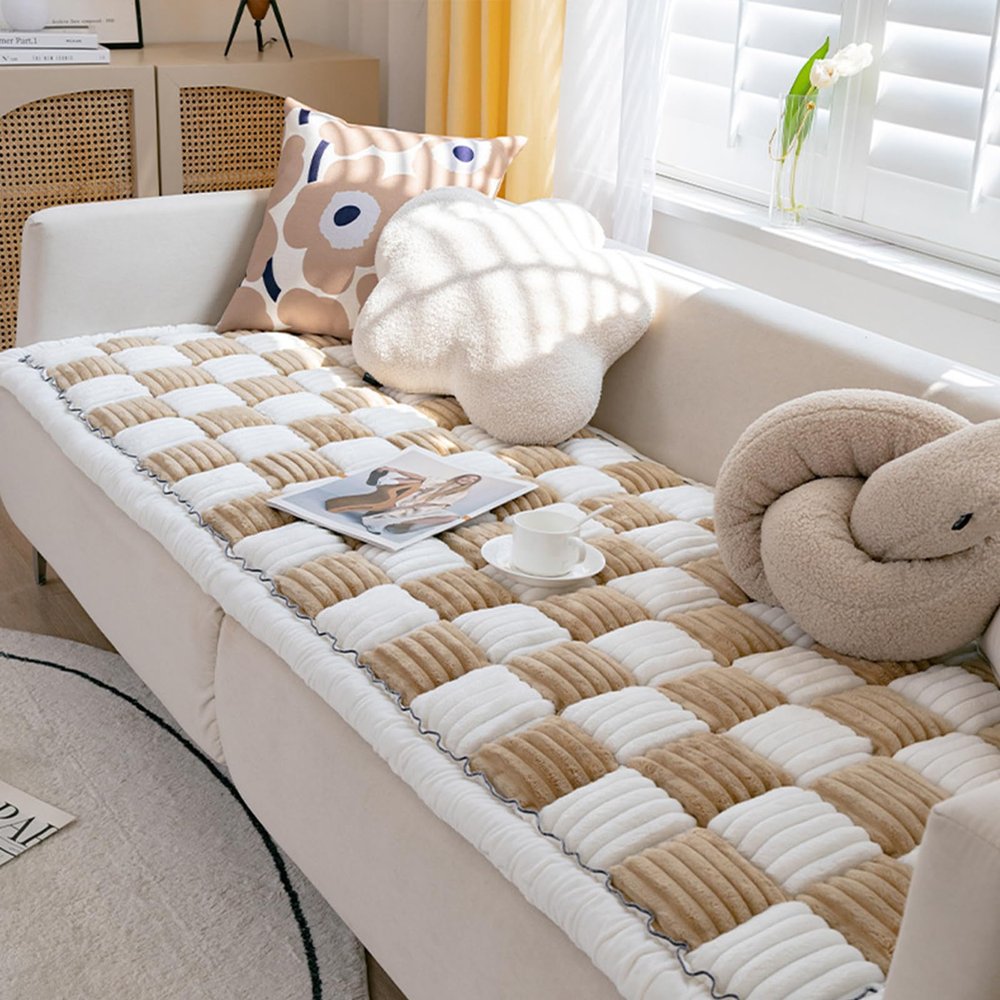 SHENJIA FunnyFuzzy Cream Plaid Pet Mat Bed Cover, Brown, 19.6 x 19.6 in