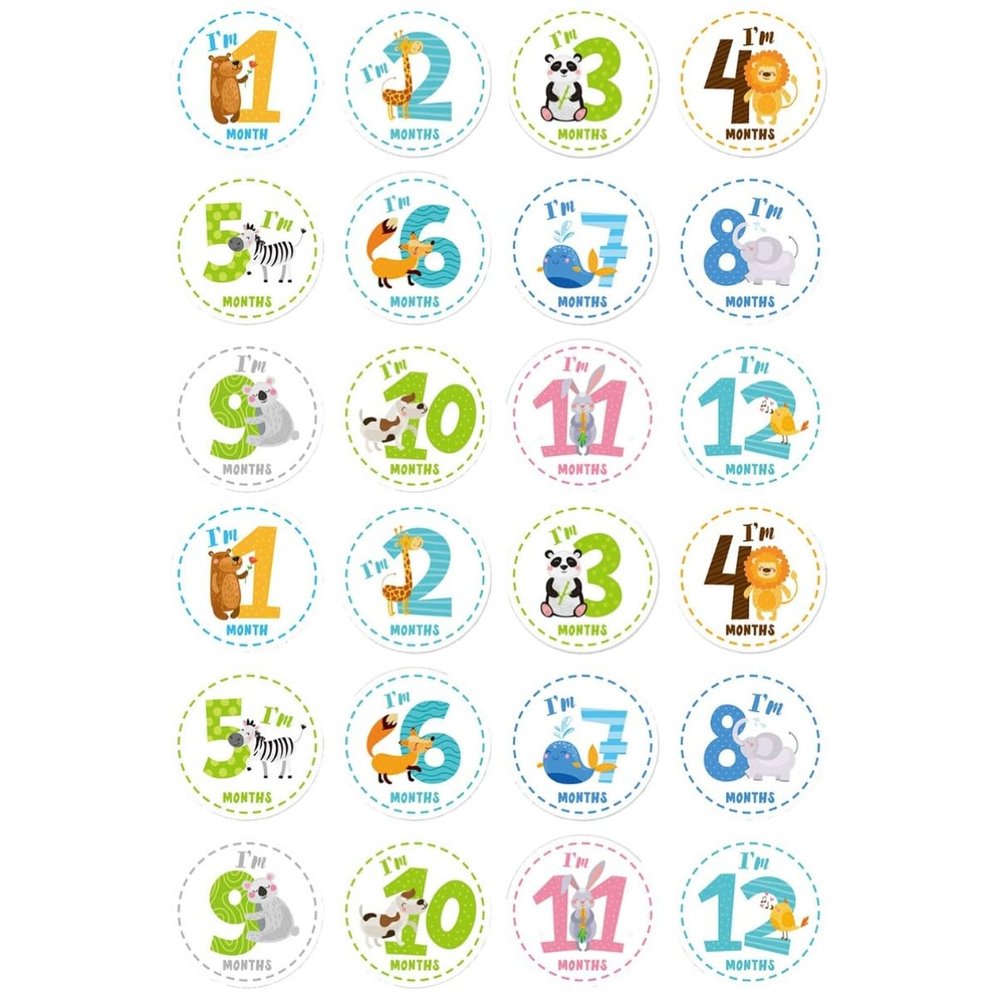 NUOBESTY 24-Piece First-Year Baby Milestone Stickers, Monthly Belly Stickers, Animal Designs, Photo Props