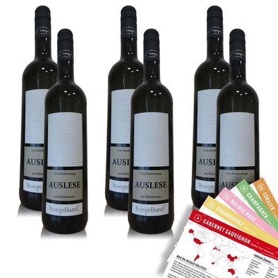 Huegelland Auslese QbA, Fruity, Single-Variety Wine Package + VINOX Winecards (6 x 0.75 L)