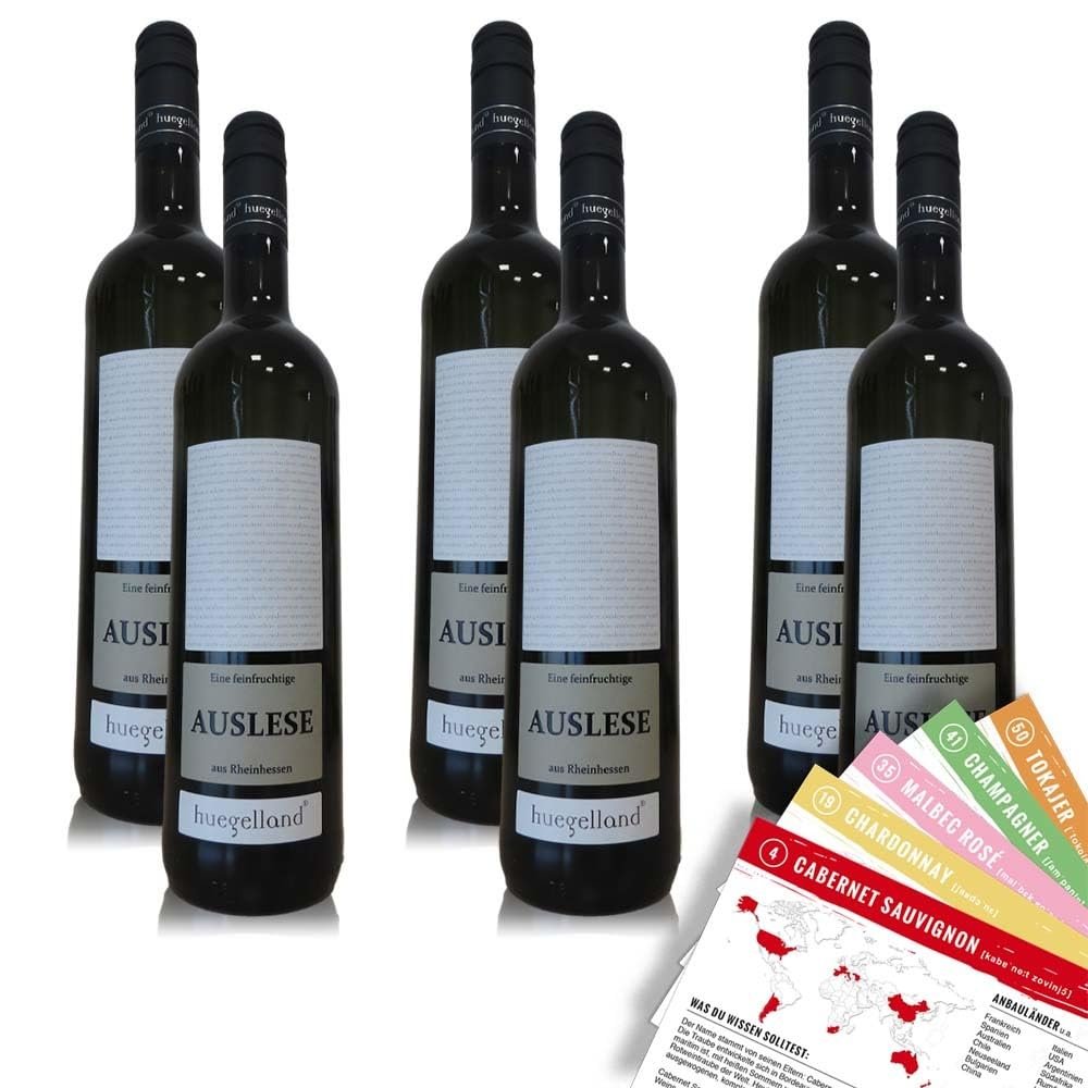 Huegelland Auslese QbA, Fruity, Single-Variety Wine Package + VINOX Winecards (6 x 0.75 L)