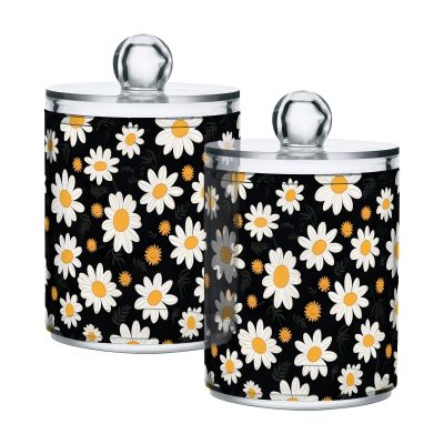 CHIFIGNO Q-Tip Holder with White and Yellow Daisies, 2-Pack, Apothecary Jars with Lids, 284 mL