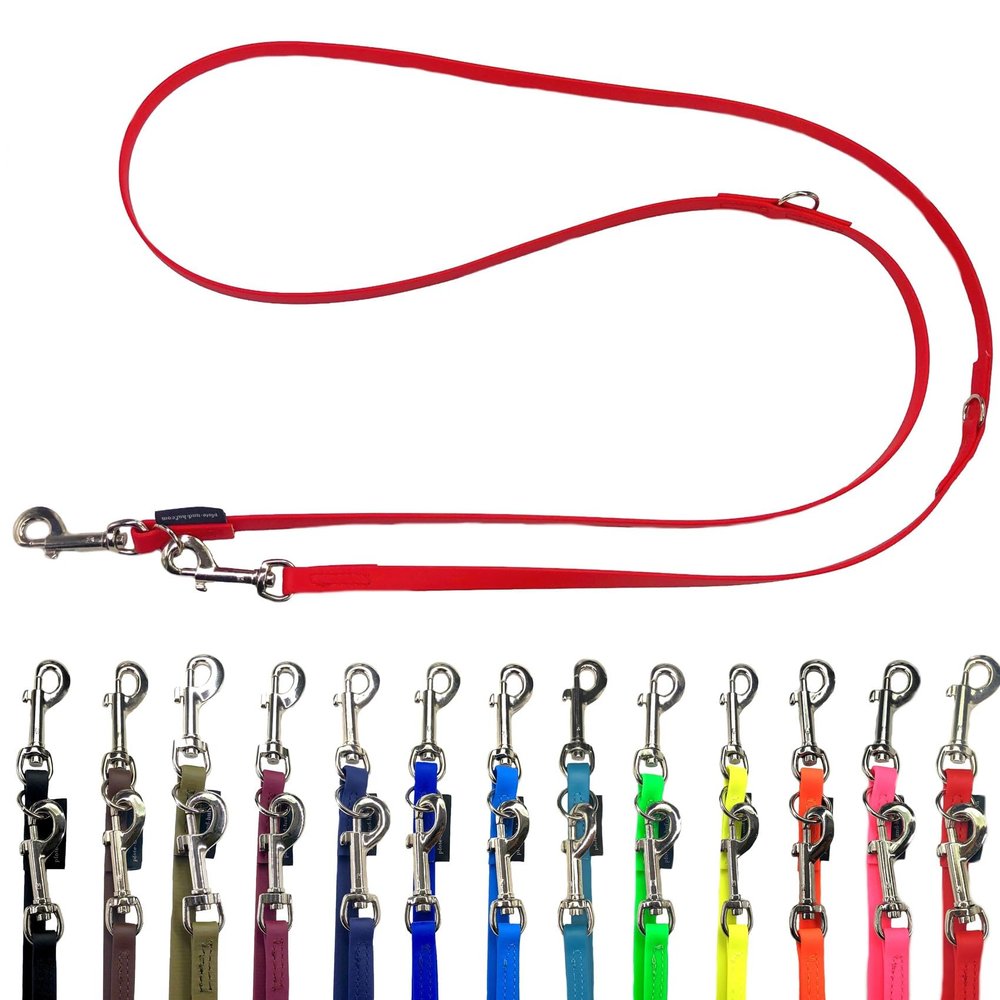 Biothane Double Dog Leash, Adjustable, 2 m / 2.4 m / 2.8 m / 3.5 m / 5 m, Silver Hook, 9 mm / 13 mm / 16 mm (2.8 m x 16 mm, Red)