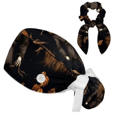 HOHODIY Halloween Scarecrow Work Cap with Buttons, Bow Hair Tie and Ribbon Tie for Women with Long Hair
