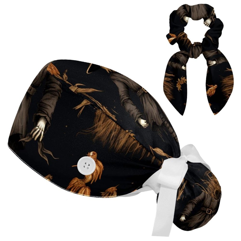 HOHODIY Halloween Scarecrow Work Cap with Buttons, Bow Hair Tie and Ribbon Tie for Women with Long Hair