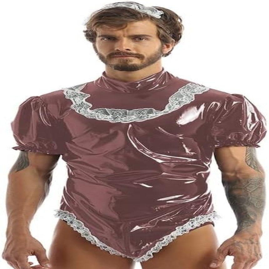 Men's Latex Wet-Look PVC Lolita Maid Cosplay Costume, Puff Short Sleeves, Gothic Jumpsuit, Dark Red, 4XL