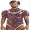 Men's Latex Wet-Look PVC Lolita Maid Cosplay Costume, Puff Short Sleeves, Gothic Jumpsuit, Dark Red, 4XL view 1