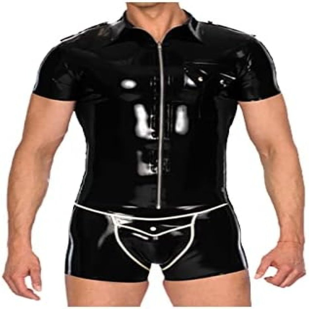 Short, Black, Tight Latex Top and Boxer Shorts, Orange, XS