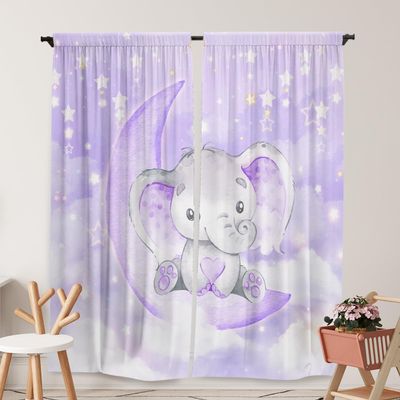 Yilinata Watercolor Curtains with Purple Elephants and Sparkling Stars, 213 x 213 cm