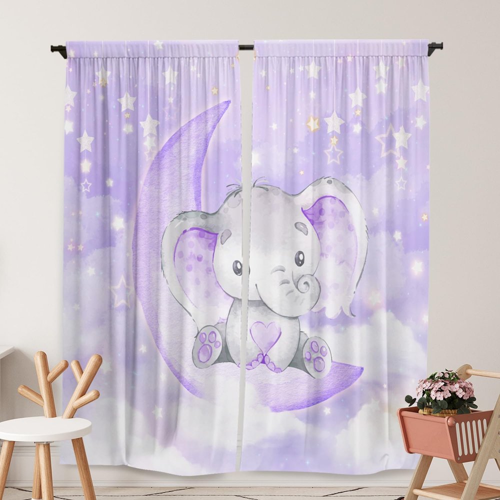 Yilinata Watercolor Curtains with Purple Elephants and Sparkling Stars, 213 x 213 cm