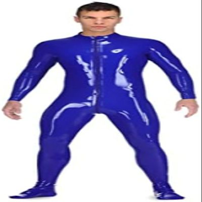 Dark Blue Sexy Men's Latex Catsuit, Rubber Bodysuit with Front Crotch Zipper, White, 3XL