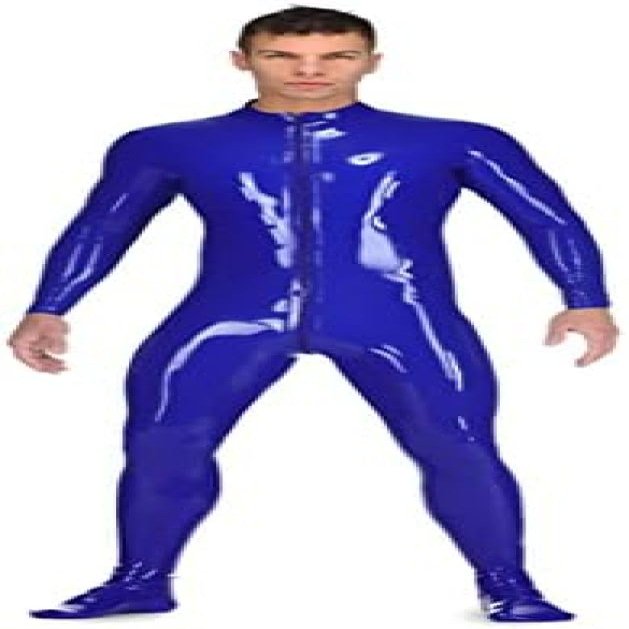Dark Blue Sexy Men's Latex Catsuit, Rubber Bodysuit with Front Crotch Zipper, White, 3XL