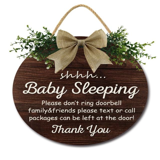 Horienteeon Baby Sleeping Sign for Front Door, Do Not Knock or Ring Doorbell, Wooden Door Hanger, 27.9 cm