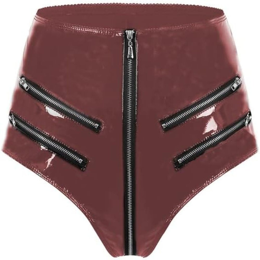 PVC Leather-Look Latex Shorts Sexy Lingerie Zipper Crotch Briefs, Dark Red, M