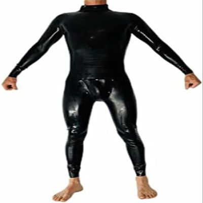Men's Latex Bodysuit with Open Crotch and Shoulder-Strap Zipper Closure, Black, 3XL