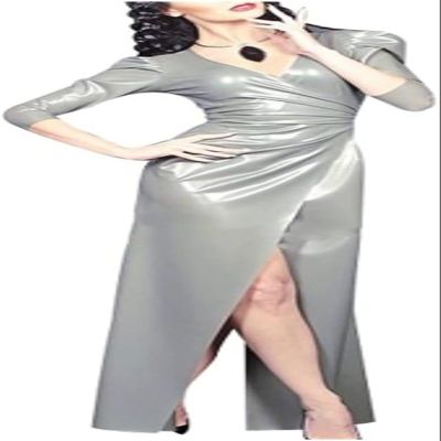 GOCTRN Metallic Pewter Sexy Latex Dress with Plunging V-Neck and Half Sleeves, Split Bodycon Playsuit, Color Selectable, S