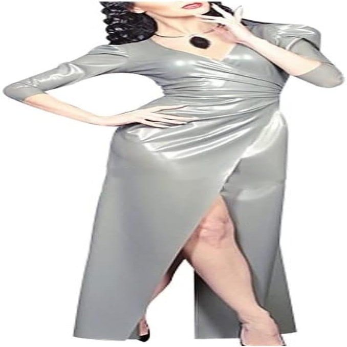 GOCTRN Metallic Pewter Sexy Latex Dress with Plunging V-Neck and Half Sleeves, Split Bodycon Playsuit, Color Selectable, S