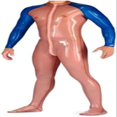Blue Transparent Patchwork Latex Bodysuit for Men, 0.4 mm, Size L