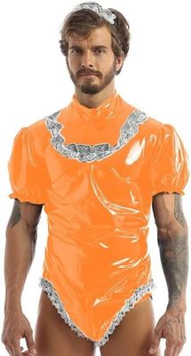 Men's Latex Wet-Look PVC Lolita Maid Cosplay Costume, Orange, XXL