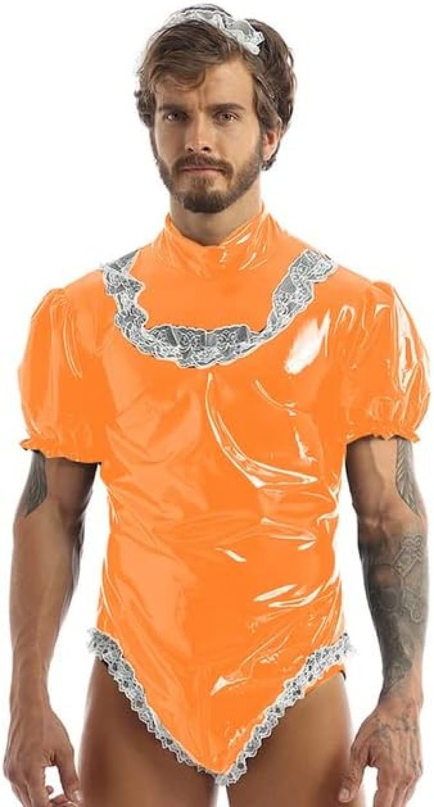 Men's Latex Wet-Look PVC Lolita Maid Cosplay Costume, Orange, XXL