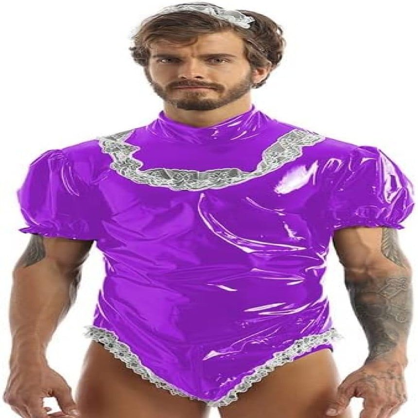 Men's Latex Wet-Look PVC Lolita Maid Cosplay Costume, Puff Short Sleeves, Vinyl Gothic Bodysuit, Rose Violet, XXL