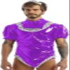 Men's Latex Wet-Look PVC Lolita Maid Cosplay Costume, Puff Short Sleeves, Vinyl Gothic Bodysuit, Rose Violet, XXL view 1