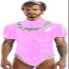 Men's Latex Wet-Look PVC Lolita Maid Cosplay Costume, Puff Short Sleeves, Vinyl Gothic Bodysuit, Rose Violet, XXL view 3