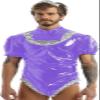 Men's Latex Wet-Look PVC Lolita Maid Cosplay Costume, Puff Short Sleeves, Vinyl Gothic Bodysuit, Rose Violet, XXL view 4