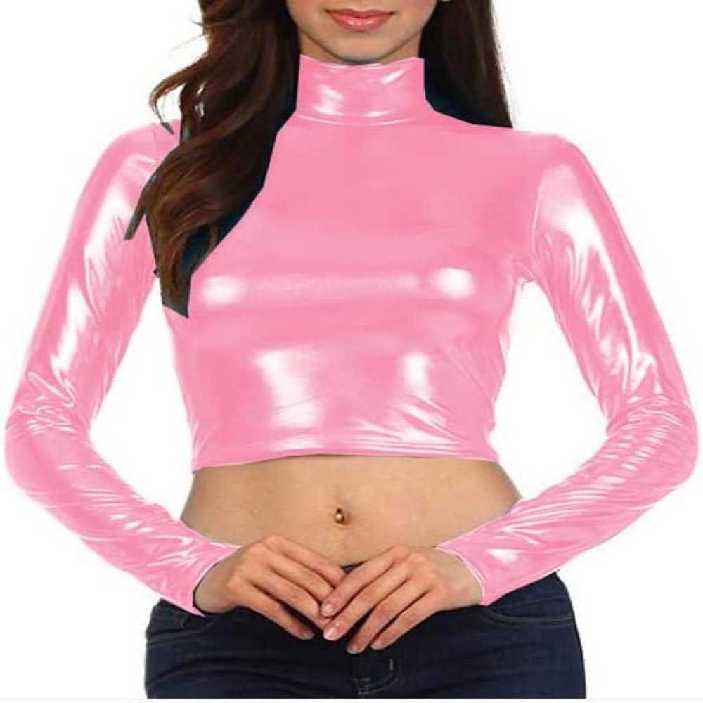 Women's Sexy Thin Autumn/Spring Club Long-Sleeve Turtleneck PU Crop Top Bodysuit Costume, Pink, XL