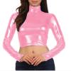 Women's Sexy Thin Autumn/Spring Club Long-Sleeve Turtleneck PU Crop Top Bodysuit Costume, Pink, XL view 3