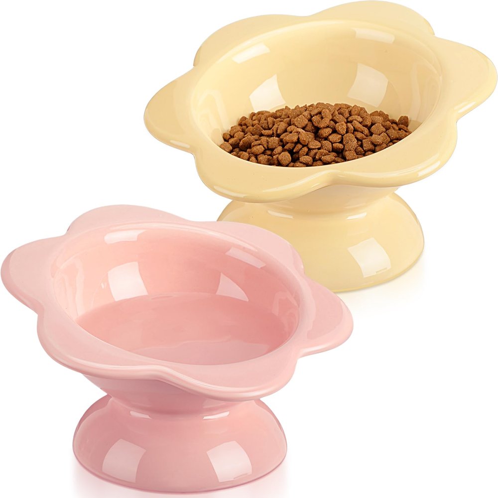 Hushee 2-Pack Ceramic Flower-Shaped Cat Bowls, Angled and Dishwasher-Safe