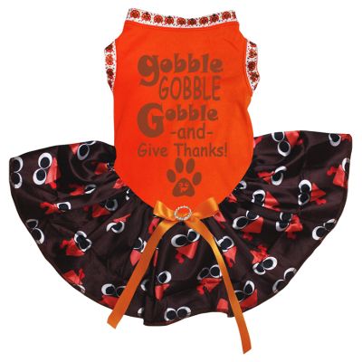 Petitebelle Gobble Gobble Gobble and Give Thanks Puppy Dress for Dogs, Orange/Turkey, XS