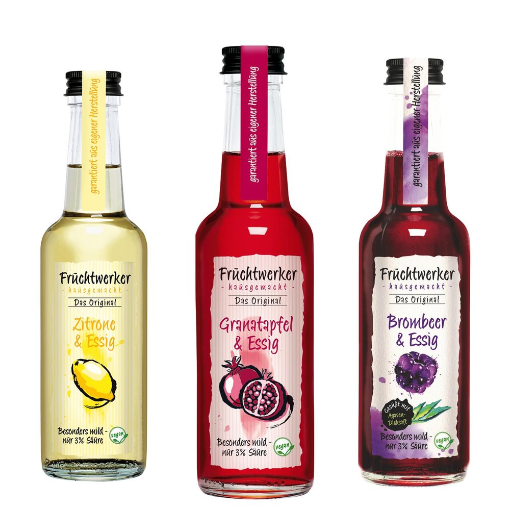 Fruchtwerker Fruit Vinegar Set: Pomegranate, Lemon & Blackberry