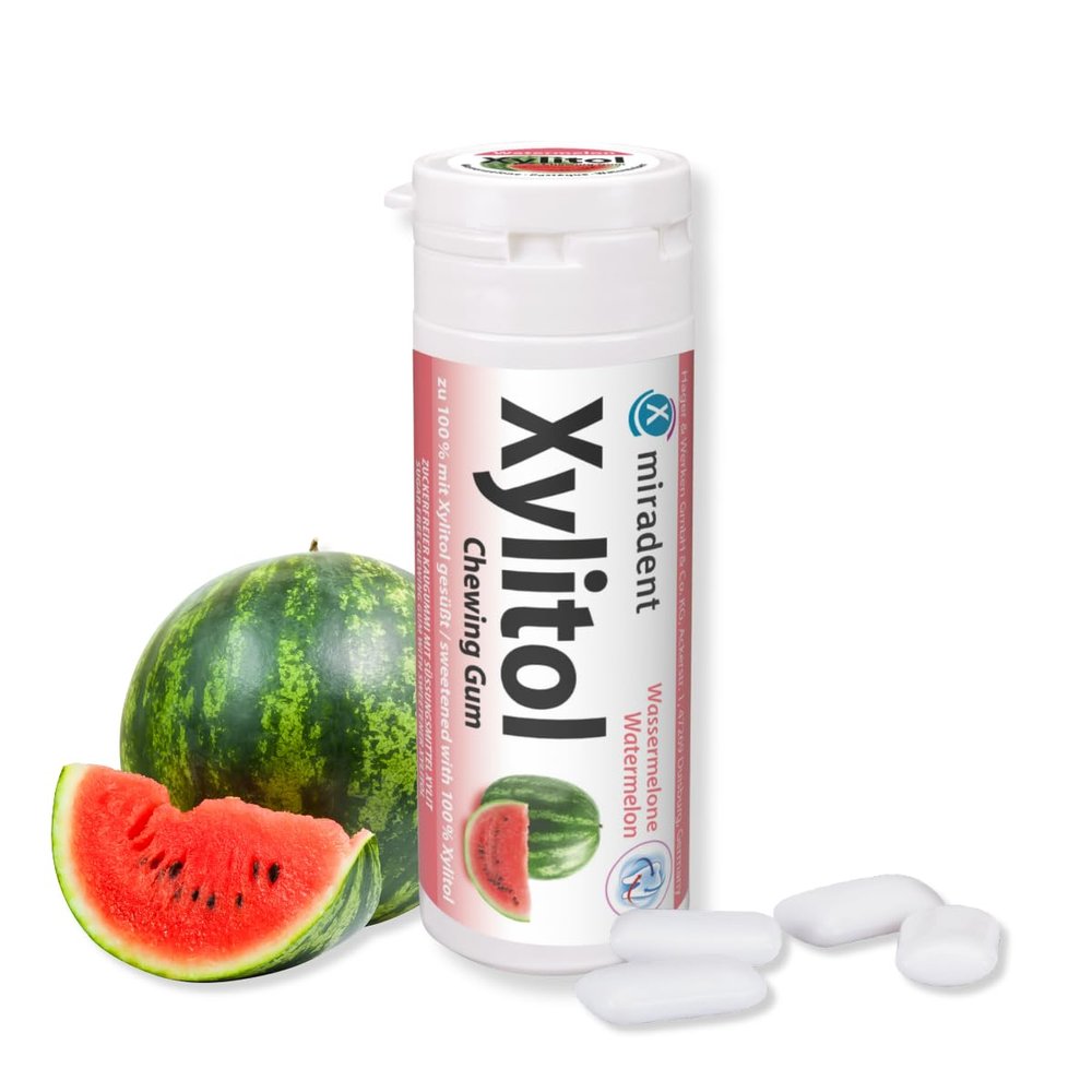 miradent Xylitol Dental Care Gum, Watermelon, 30 Pieces (1 x 30 g) | Fruity Flavor | Sugar-Free | Vegan | Cavity Prevention | On the Go
