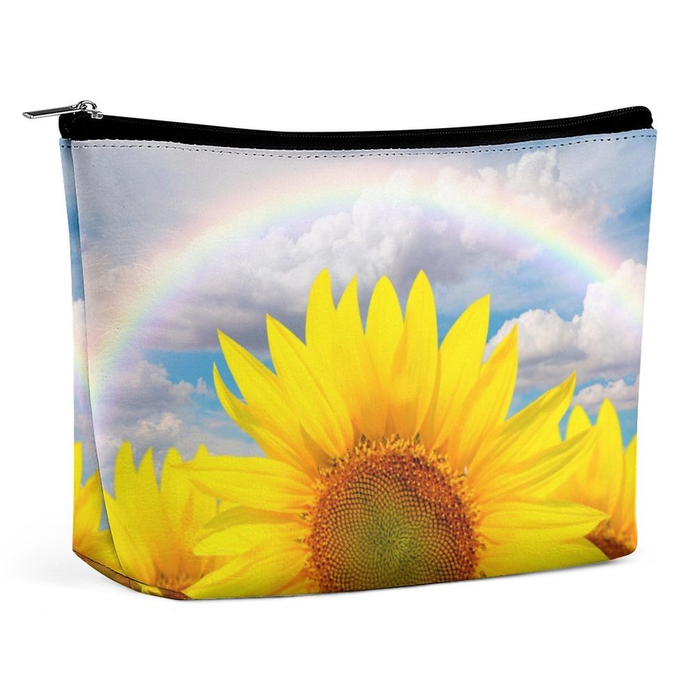 Sunflower Field Rainbow PU Leather Makeup Bag