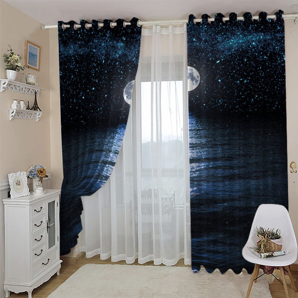 GOKSEL Blackout Curtains, 2 Panels, 117 W x 138 H cm, Ocean & Moon