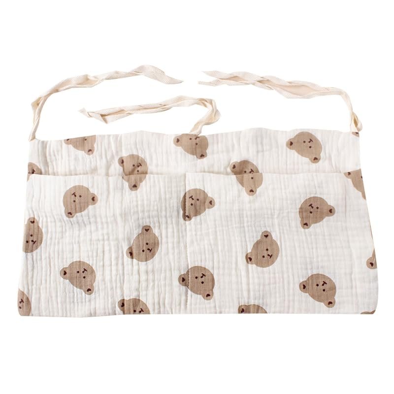 Bedside Hanging Storage Bag, Double-Layer Cotton Organizer for Stroller, Diapers, Toys and Tissues (Bear Head)