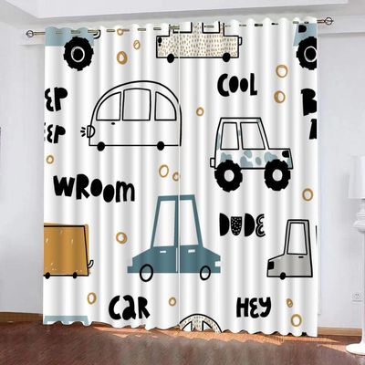 VULORA Cartoon Car and Truck Blackout Curtains, Thermal Curtains, 150 x 166 cm, Set of 2