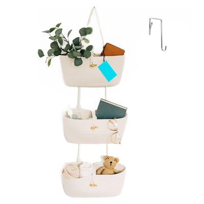 GDWD TR Wall Organizer, 3-Tier Hanging Basket, Woven Cotton Rope, 3-Compartment Storage Bag, White