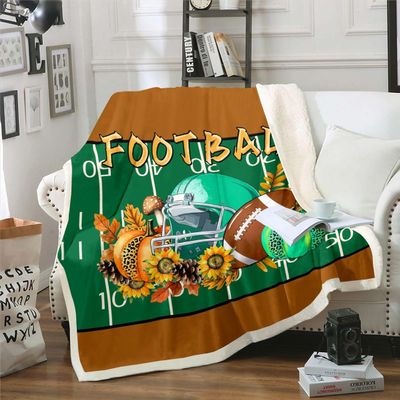 Farm Pumpkin Autumn Football Fleece Sherpa Throw Blanket, Rustic Maple Leaf Sunflower, 90 x 90 in