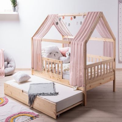 TiCAA Children's House Bed with Tulle Kim, Includes Extra Bed