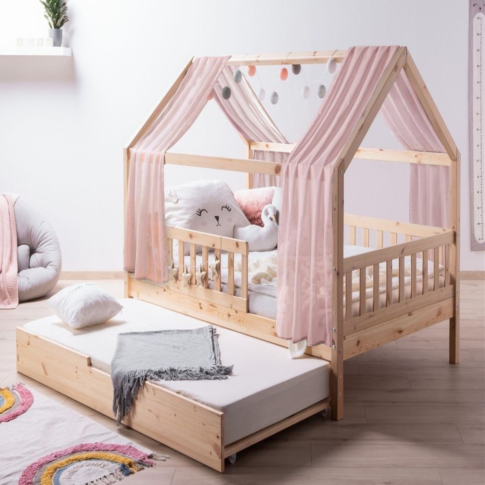 TiCAA Children's House Bed with Tulle Kim, Includes Extra Bed