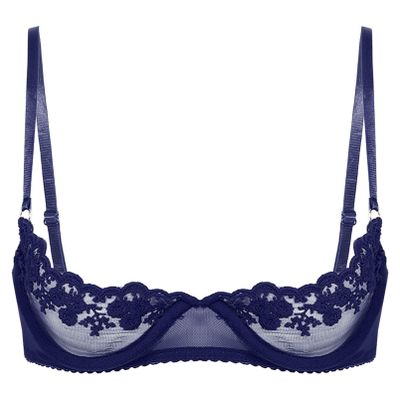 inhzoy Women's Lace Open-Bust Underwire Push-Up Bra, Navy Blue, B XL